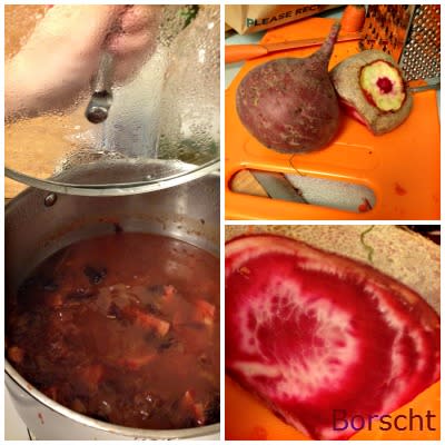 Borscht is made with beets and cabbage. Borscht is made with beets and cabbage.